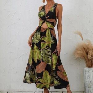 SHEIN Twist Front Split Hem Tropical Dress
